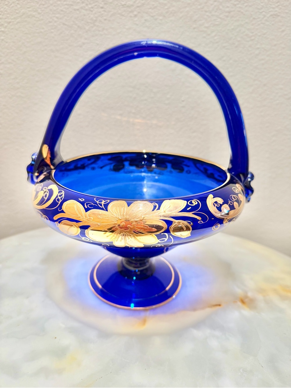 Cobalt Blue Glass Decorative Handled Basket with Gold Floral Accents